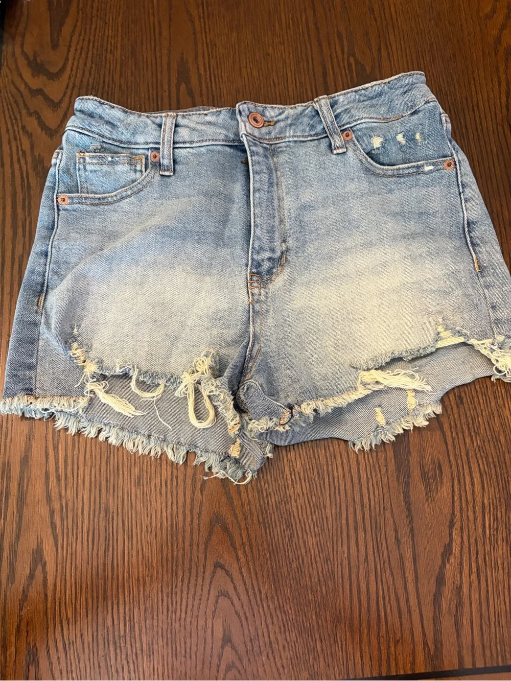 High-Rise Frayed Light Wash Denim Shorts